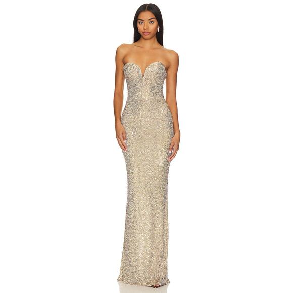 Nookie Lumiere Gown Sequined Embellished Strapless Evening Formal Party Gold SM - Picture 2 of 12